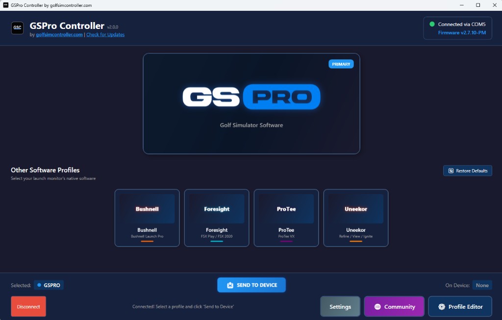 GSPro Controller Windows app home screen